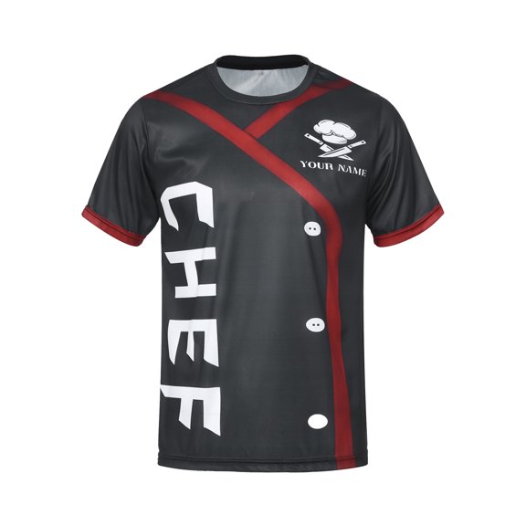 JanJean Men's 3D Printed Chef Shirts Short Sleeve Cooking T-shirts Restaurant Kitchen Work Wear Black XL