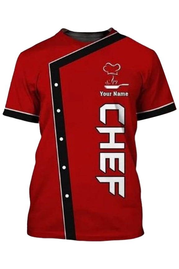 Men's 3D Printed Chef Shirts Short Sleeve Cooking T-shirts Restaurant Kitchen Work Wear Red XL