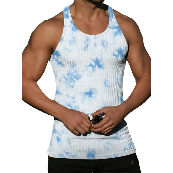JanJean Men's Gym Tank Top Athletic Stringer Muscle Tops Ribbed Knit Vest Sleeveless Workout Bodybuilding T-Shirt White&Blue XXL