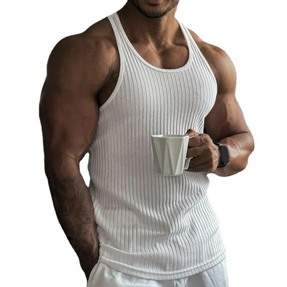 JanJean Men's Gym Tank Top Athletic Stringer Muscle Tops Ribbed Knit Vest Sleeveless Workout Bodybuilding T-Shirt White S