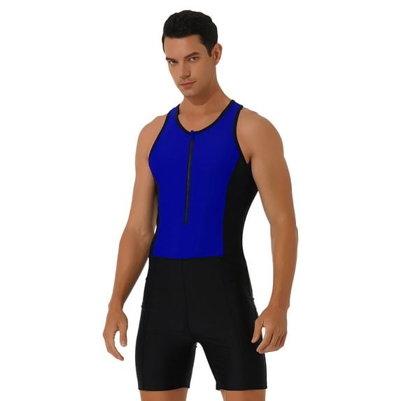 JanJean Men's One Piece Swimsuit Front Zipper Sleeveless Bodysuit Shorty Surfing Wetsuit Jumpsuit Swimwear Bathing Suit Royal Blue L