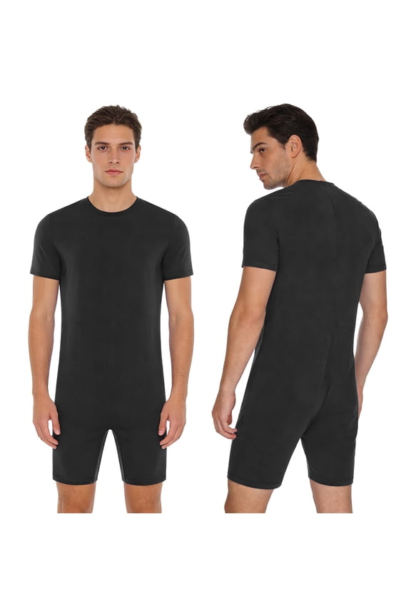 One Piece Adults Unisex Anti-strip Adaptive Jumpsuit Short Sleeve Short Bottom Back Zipper Black XS