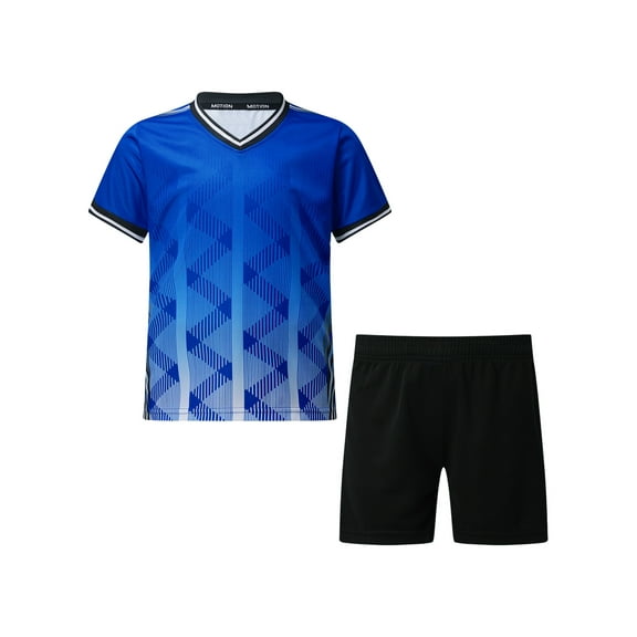 JanJean Soccer Uniforms for Kids Boys Football Jersey V Neck Practice T Shirt and Sport Shorts Set Blue 4XS
