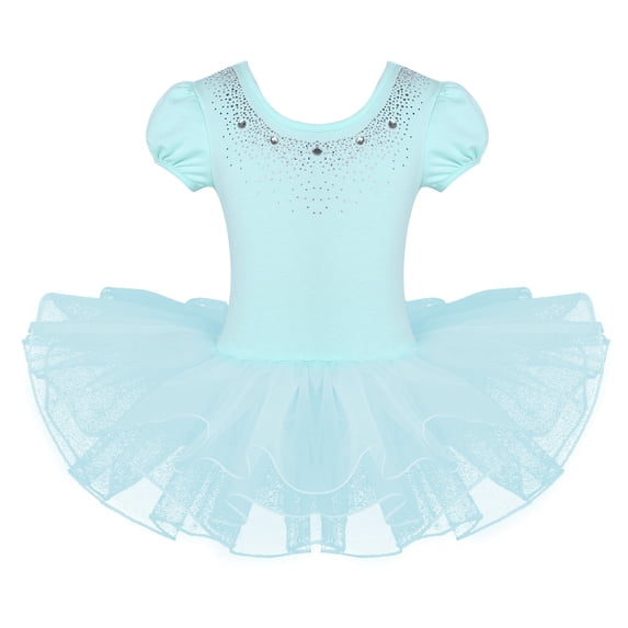 JanJean Toddler Little Girls Short Bubble Sleeves Rhinestone Ballet Dance Leotard Tutu Skirted Mint Green 4T