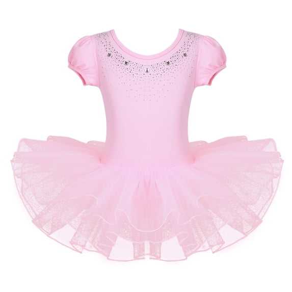 JanJean Toddler Little Girls Short Bubble Sleeves Rhinestone Ballet Dance Leotard Tutu Skirted Pink 6