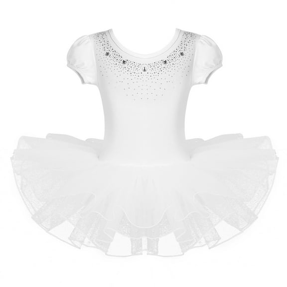JanJean Toddler Little Girls Short Bubble Sleeves Rhinestone Ballet Dance Leotard Tutu Skirted White 3T