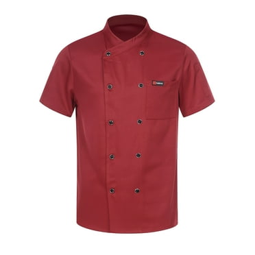 JanJean Unisex Chef Coat Kitchen Work Uniform Cook Jacket Restaurant Hotel Chef Coat Uniform for Mens Burgundy Short Sleeve XL