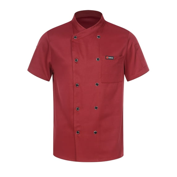 JanJean Unisex Chef Coat Kitchen Work Uniform Cook Jacket Restaurant Hotel Chef Coat Uniform for Mens Burgundy Short Sleeve XL