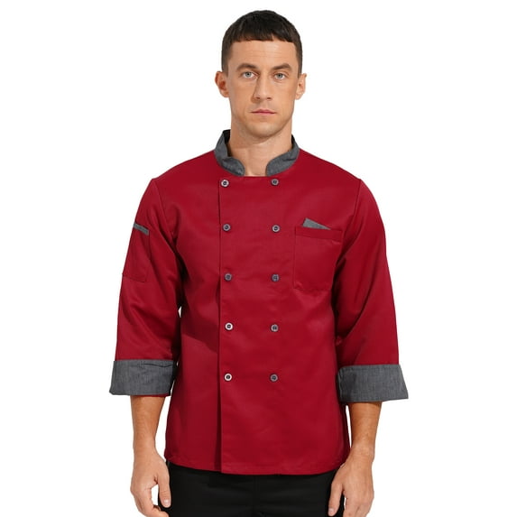 JanJean Unisex Double-Breasted Chef Coat Long Sleeve Restaurant Kitchen Cooking Chef Jacket Uniform Red 4XL