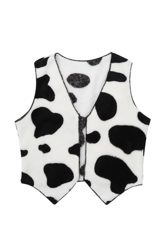 Unisex Kids Cow Printed Waistcoat Halloween Party Fancy Dress Up Vest Open Front Tops Black&White 16