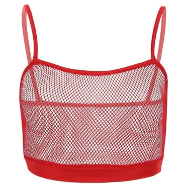 JanJean Woman Fishnet Bra Crop Top See-through Spaghetti Straps Sheer Mesh Bralette Camisole Tank Red XL