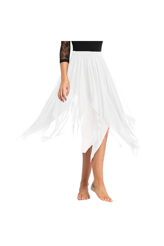 Women Girls Asymmetric Side Split Belly Dance 13 Panel Chiffon Maxi Skirt Dance Costume White One_Size
