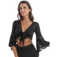 thumbnail image 1 of JanJean Women Glitter Bead Tassel Belly Dance Top Lace 3/4 Flared Sleeves Shawl Crop Tops Dancewear Black L, 1 of 7
