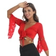thumbnail image 1 of JanJean Women Glitter Bead Tassel Belly Dance Top Lace 3/4 Flared Sleeves Shawl Crop Tops Dancewear Red 3XL, 1 of 7