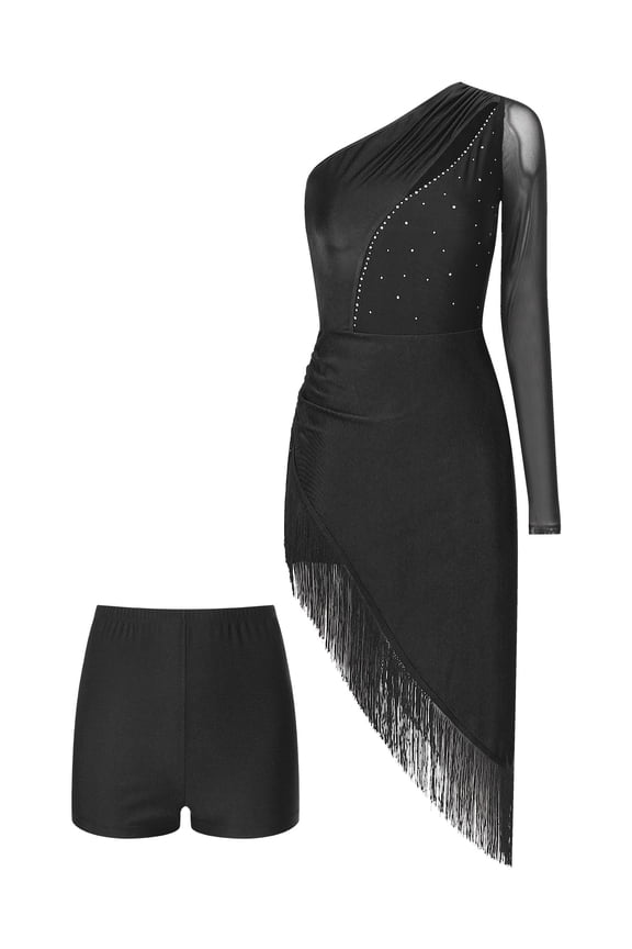 Women One Shoulder Tassel Latin Tango Dance Dress Shiny Rhinestones Fringe Dress with Shorts Black L