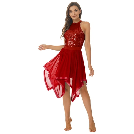 JanJean Women Sequin Lyrical Dance Dress Halter Backless Leotard Asymmetrical Hem Flowy Mesh Skirt Burgundy L