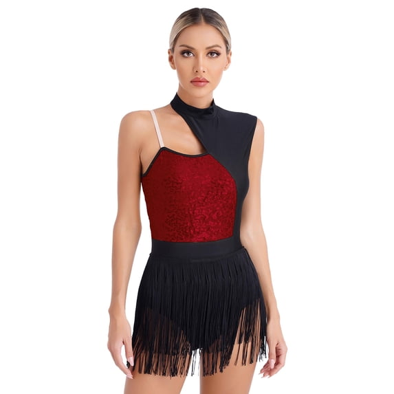 JanJean Women Sequins Latin Dance Leotard Dancewear Fringe Salsa Rumba Ballroom Dance Costume Burgundy L