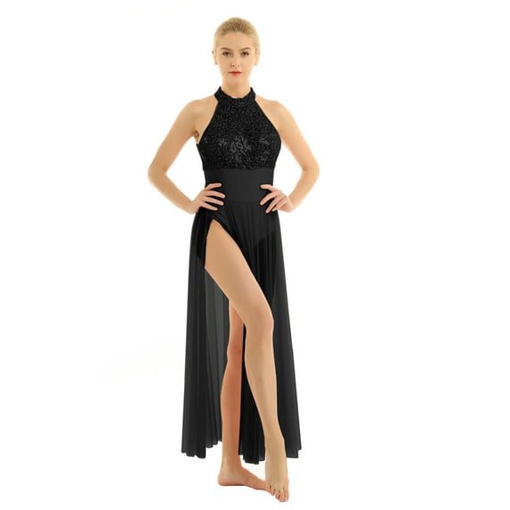 JanJean Women's Adult Sequined Mesh Maxi Dress Ballet Dance Sleeveless Split Skirt Dancewear Black XS