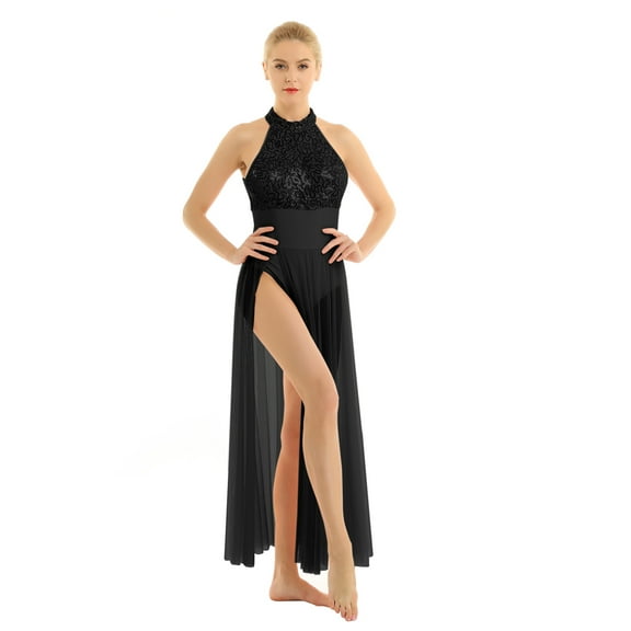 JanJean Women's Adult Sequined Mesh Maxi Dress Ballet Dance Sleeveless Split Skirt Dancewear Black XS
