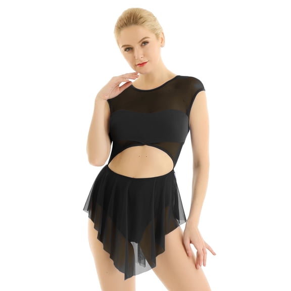 JanJean Women's Asymmetric Sheer Mesh Ballet Dance Dress Round Neck Cap Sleeve Leotard Gymnastics Black XL