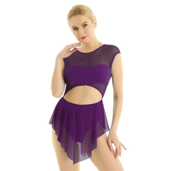 JanJean Women's Asymmetric Sheer Mesh Ballet Dance Dress Round Neck Cap Sleeve Leotard Gymnastics Dark_Purple XL
