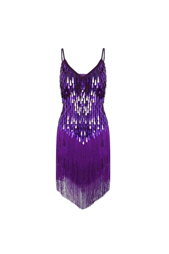 Women's Sequin Fringe Tassel Latin Dance Dress Tango Rumba Samba Costumes Ballroom Dancewear Purple One_Size
