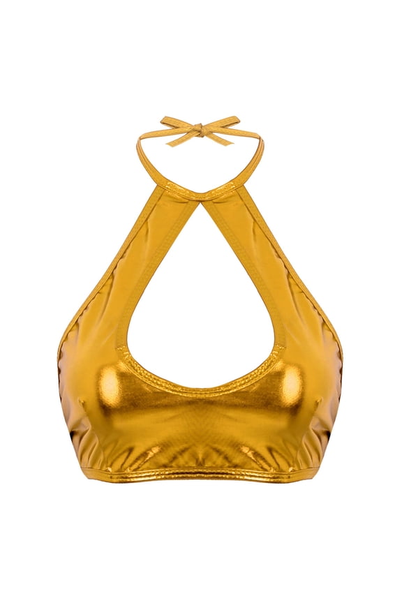 Women's Summer Shiny Metallic Faux Leather Halter Neck Crop Tank Top Rave Dance Vest Shirt Gold One Size