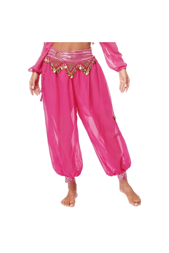 Womens Chiffon Belly Dance Pants Plastic Beads Tassels Bloomers Metallic Side Split Pants Hot Pink One Size