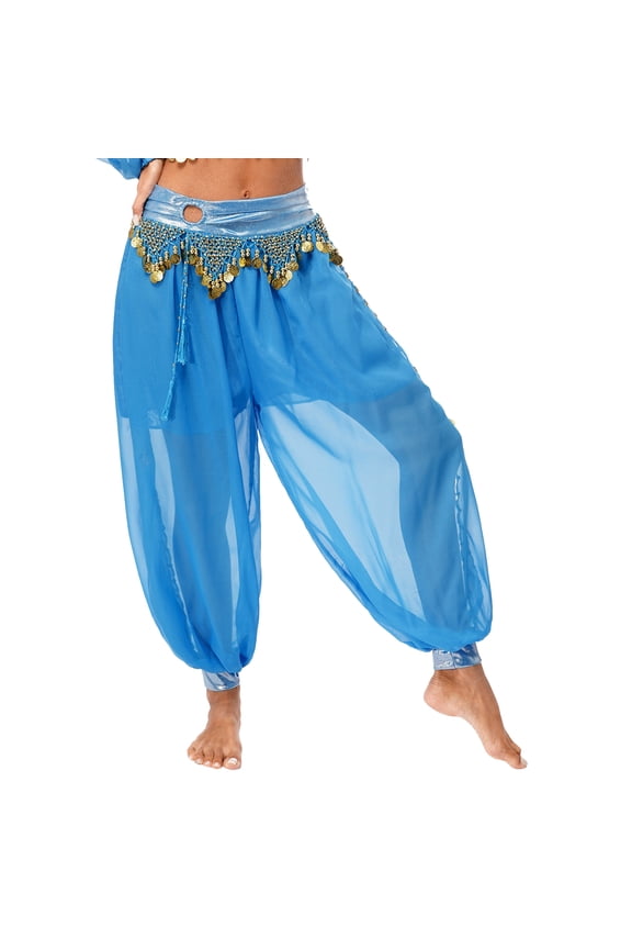 Womens Chiffon Belly Dance Pants Plastic Beads Tassels Bloomers Metallic Side Split Pants Sky Blue One Size