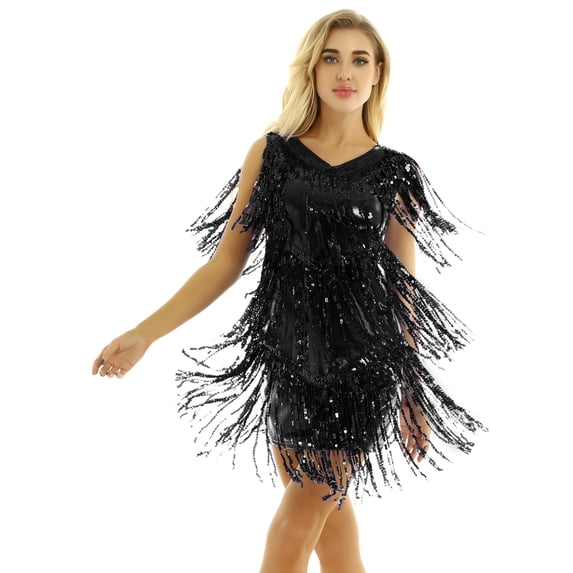 JanJean Womens Latin Dance Sleeveless Shiny Sequins Tassels Dress 1920s Flapper Tango Ballroom Dance Black L