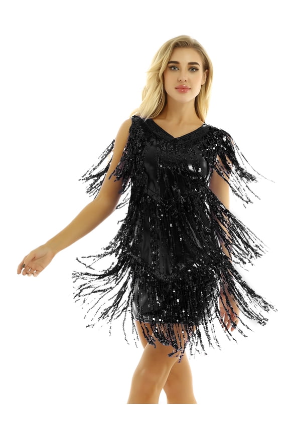 Womens Latin Dance Sleeveless Shiny Sequins Tassels Dress 1920s Flapper Tango Ballroom Dance Black XL