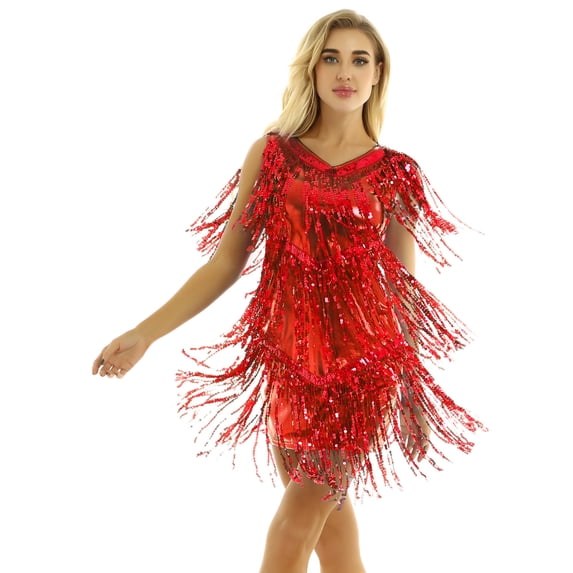 JanJean Womens Latin Dance Sleeveless Shiny Sequins Tassels Dress 1920s Flapper Tango Ballroom Dance Red M