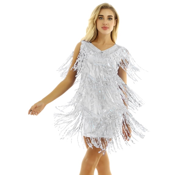 JanJean Womens Latin Dance Sleeveless Shiny Sequins Tassels Dress 1920s Flapper Tango Ballroom Dance Silver M
