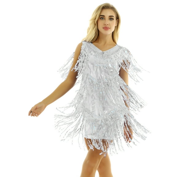 JanJean Womens Latin Dance Sleeveless Shiny Sequins Tassels Dress 1920s Flapper Tango Ballroom Dance Silver XXL