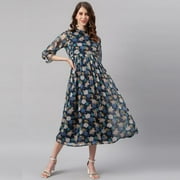 Janasya 3/4 Sleeve Floral Navy Blue Poly Georgette Summer Midi Dress For Women