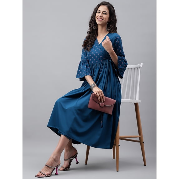Janasya Blue Crepe V-neck 3/4th Flared Sleeves Solid Angrakha Kurta