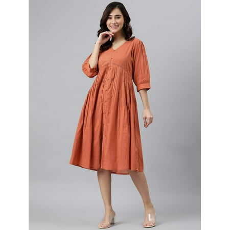 Janasya Boho V-Neck 3/4 Sleeve Solid Coral Orange Cotton Flared Midi Dress For Women