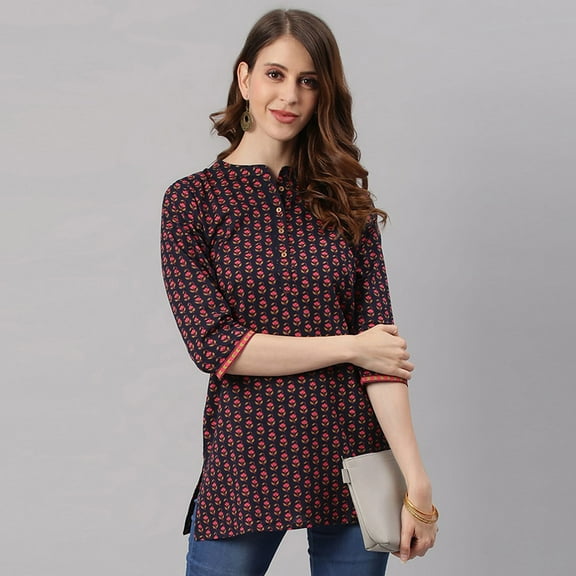Janasya Indian Chinese Neck 3/4 Sleeve Floral Print Black Cotton Tunic For Women