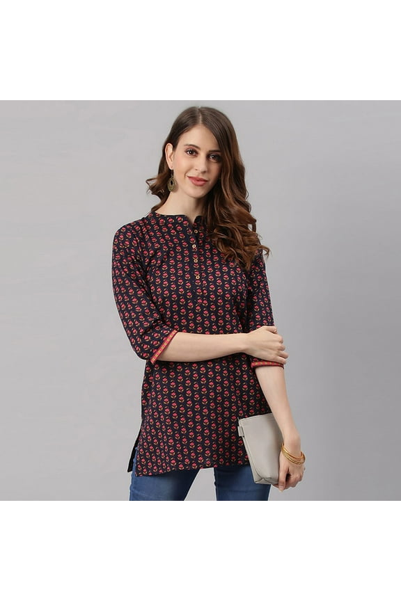 Indian Chinese Neck 3/4 Sleeve Floral Print Black Cotton Tunic For Women