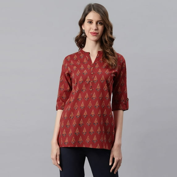 Janasya Indian Chinese Neck Half Sleeve Ethnic Motifs Red Cotton Tunic For Women