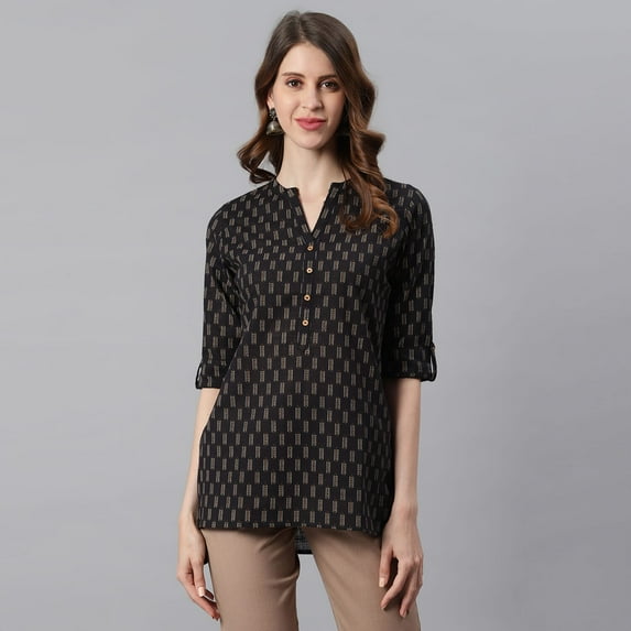 Janasya Indian Chinese Neck Short Sleeve Geometric Print Black Cotton Slub Tunic For Women