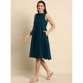 thumbnail image 1 of Janasya Indian Chinese Neck Sleeveless Solid Teal Cotton Western Dress For Women, 1 of 5