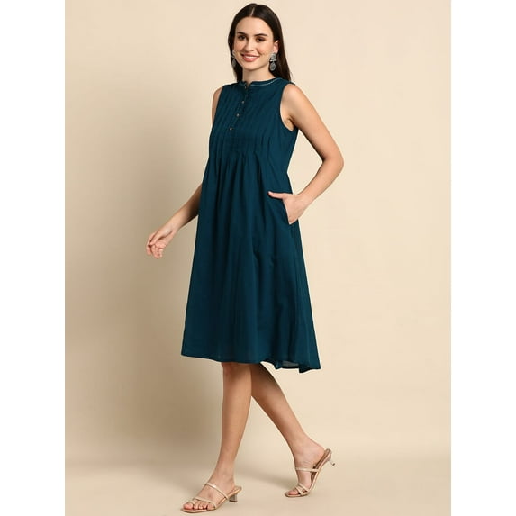 Janasya Indian Chinese Neck Sleeveless Solid Teal Cotton Western Dress For Women