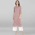 thumbnail image 1 of Janasya Indian Collared Neck 3/4 Sleeve Solid Wine Cotton Kurta For Women, 1 of 8