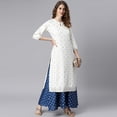 thumbnail image 1 of Janasya Indian Keyhole Neck 3/4 Sleeve Ethnic Motifs Off White Poly Silk Ethnic Dress For Women, 1 of 8