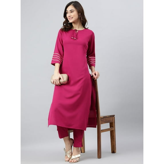 Janasya Indian Keyhole Neck 3/4 Sleeve Solid Magenta Poly Crepe Kurta With Pant For Women
