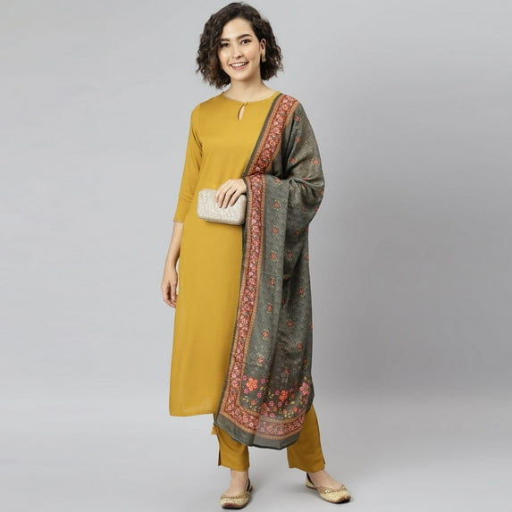 Janasya Indian Keyhole Neck 3/4 Sleeve Solid Mustard Rayon Kurta With Pant and Dupatta For Women