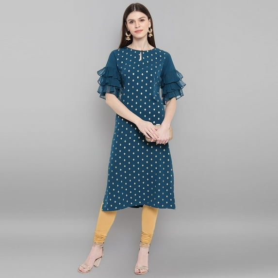 Janasya Indian Keyhole Neck Half Sleeve Gold Print Teal Poly Crepe Kurta For Women