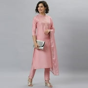Janasya Indian Mandarin Collar 3/4 Sleeve Floral Print Pink Poly Silk Kurta With Pant And Dupatta For Women