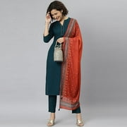 Janasya Indian Mandarin Collar 3/4 Sleeve Solid Teal Rayon Kurta With Pant and Dupatta For Women